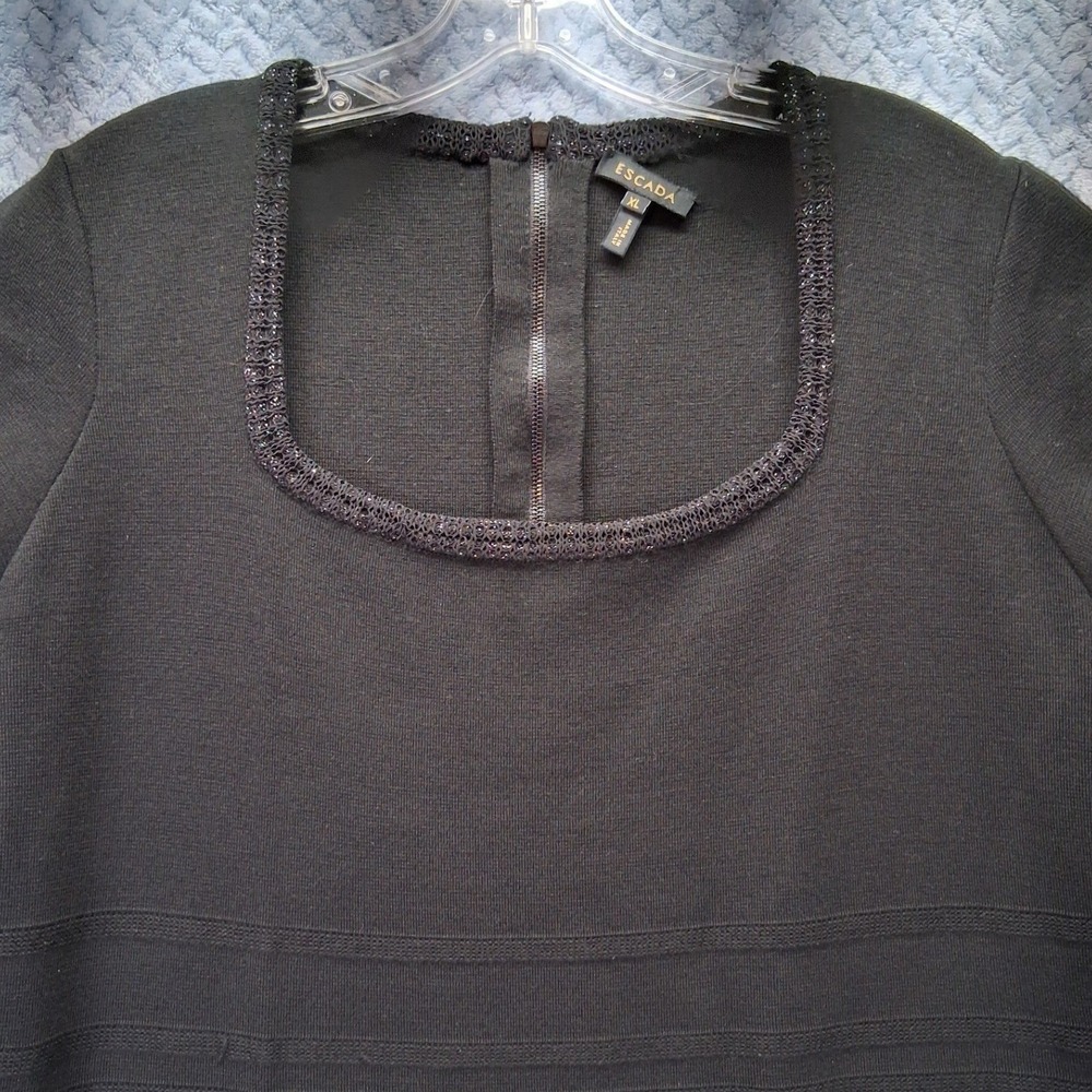 Escada Black Knit Dress XL Short Sleeve Square Neck Metallic Trim Made in Italy - Picture 2 of 8